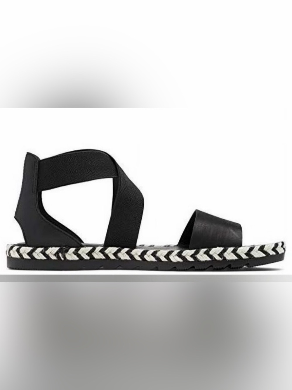 Sorel Ella II Black Leather Arrow Chevron Jute Espadrille Elastic Sandals Sz 11